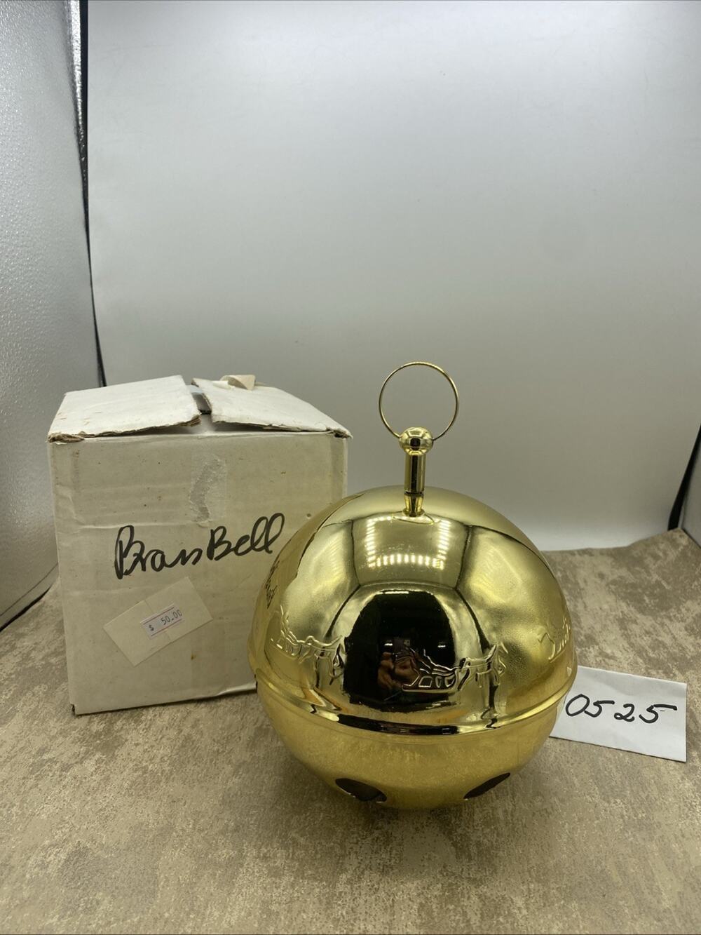Gold Brass Holiday Sleigh Bell 8” Tall Heavy W/Santa Sleigh & Horse Design